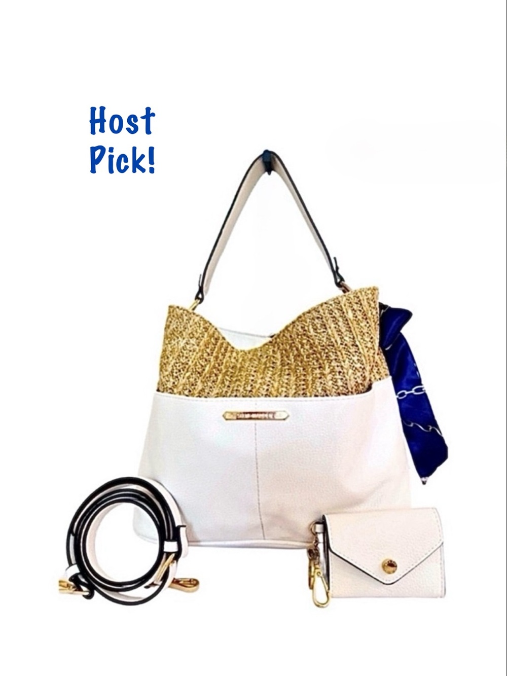 STEVE MADDEN ~ White Hand Bag w/Straw Details Card Holder Key Chain Crossbody